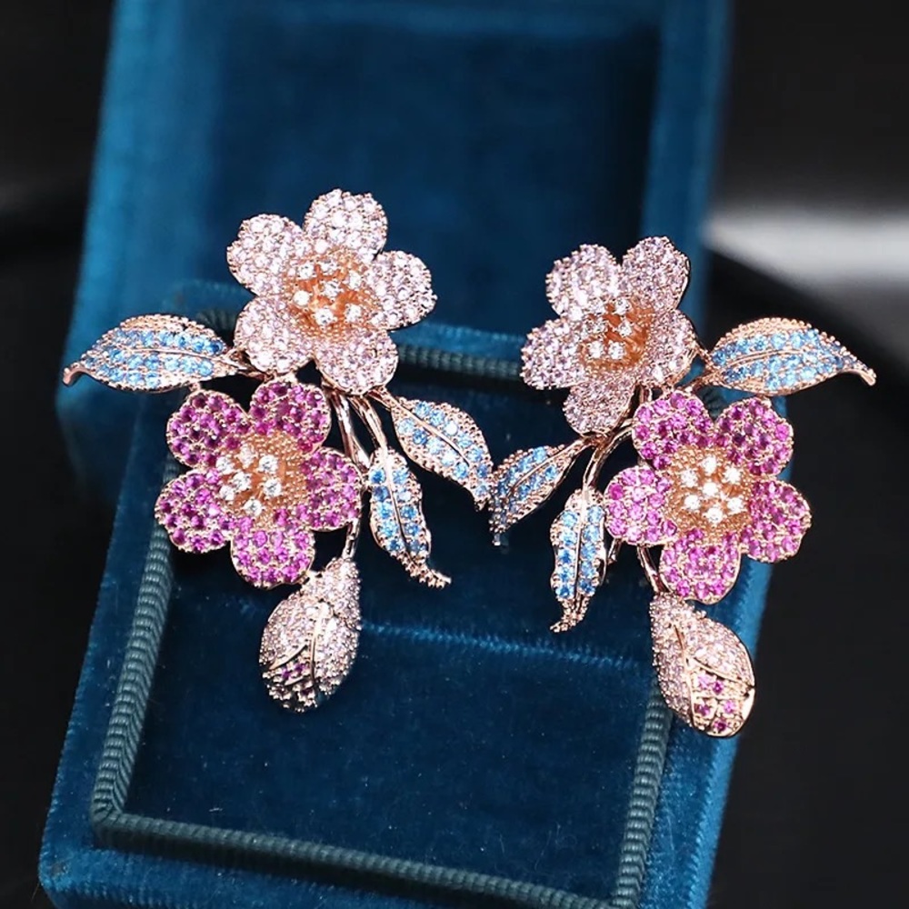 - Rose Gold Pink Blue Floral Zircon Statement Earrings